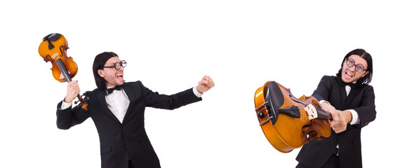Funny man with music instrument on white