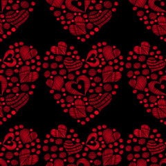 Fototapeta na wymiar Seamless pattern with red heart embroidery stitches imitation on the black background