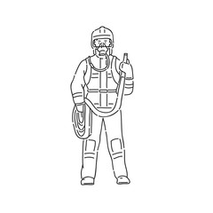 Fireman man in professional protective suit. Line art style character vector black white isolated illustration.