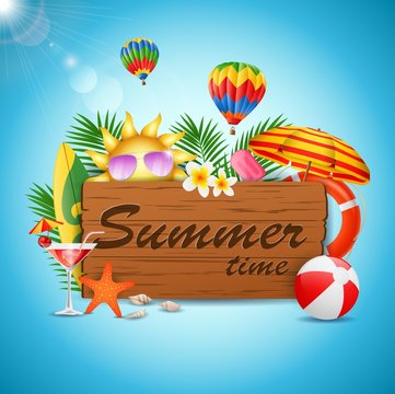 Summer time Holiday typographic illustration on vintage wood background. vector illustration