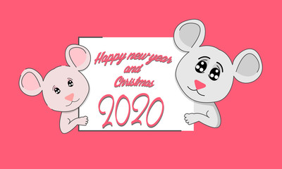 Obraz na płótnie Canvas Funny rat with a sheet of paper. The symbol of the Chinese 2020. Happy New Year. White Metal Rat Chinese year symbol. Mouse Chinese new year symbol vector illustration. Happy new year. 2020