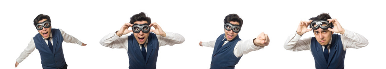 Funny man wearing goggles isolated on white