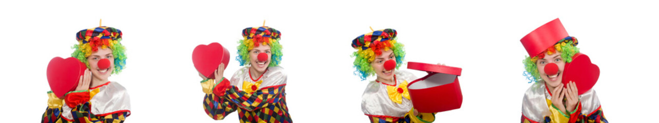 Clown with giftbox isolated on white