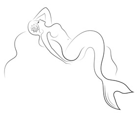Silhouette of a fairy mermaid. Beautiful girl is sitting on a rock. The lady is young and slender. Vector illustration