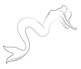 Silhouette of a fairy mermaid. Beautiful girl is sitting on a rock. The lady is young and slender. Vector illustration