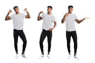 Obraz premium Set of Dark skinned man with striped shirt proud and self-satisfied in love yourself concept