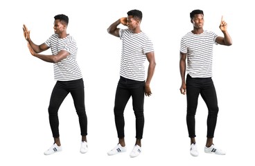Obraz premium Set of Dark skinned man with striped shirt pushing something and listening