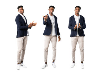 Set of Handsome african american man wearing a jacket applauding after presentation in a conference