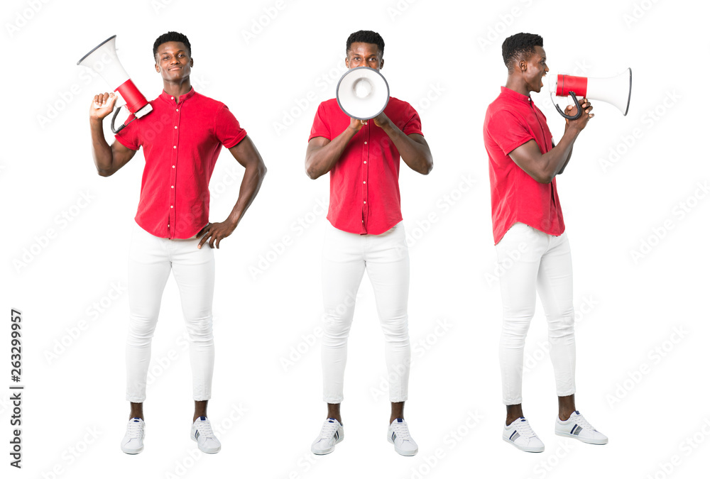 Wall mural Set of Young african american man shouting through a megaphone to announce something in lateral position