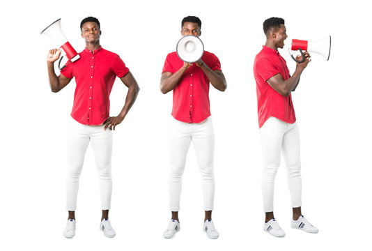 Set of Young african american man shouting through a megaphone to announce something in lateral position