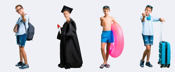 Obraz premium Set of student and traveller kid presenting and inviting to come
