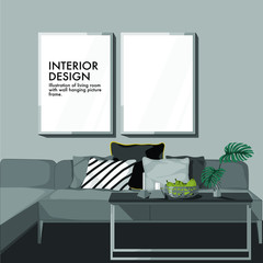 Illustration of living room furniture with picture frame.