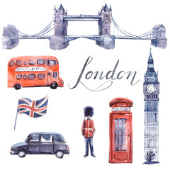  Set of London travel illustrations. London bus, Bigben, Tower Bridge, cab, English flag,  soldier.  - obrazy, fototapety, plakaty