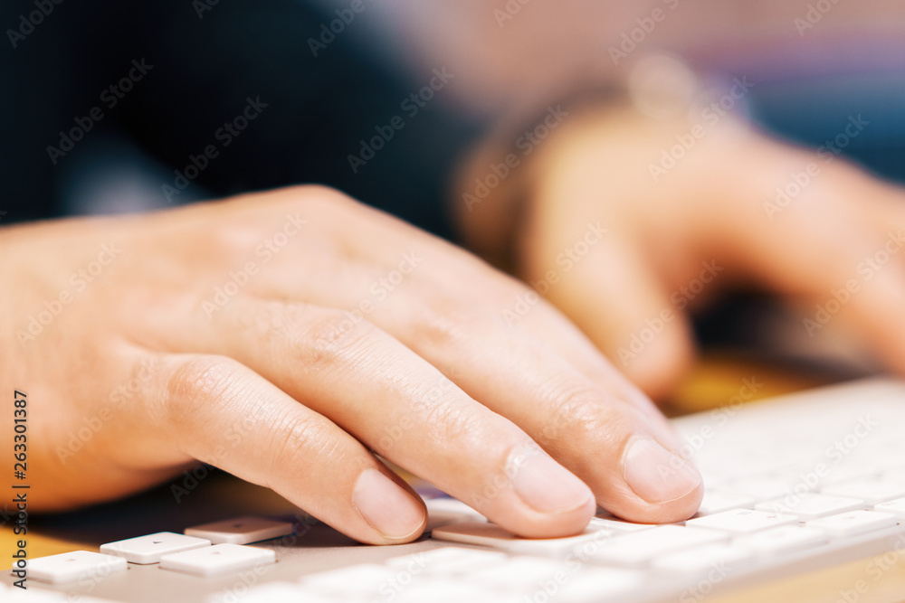 Poster Closeup of businessman hands using keyboard
