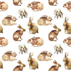 Seamless pattern - cute rabbits. Hand painting with watercolor on white background