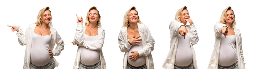 Set of Pregnant blonde woman with white sweatshirt laughing, thinking and pointing lateral, up and front