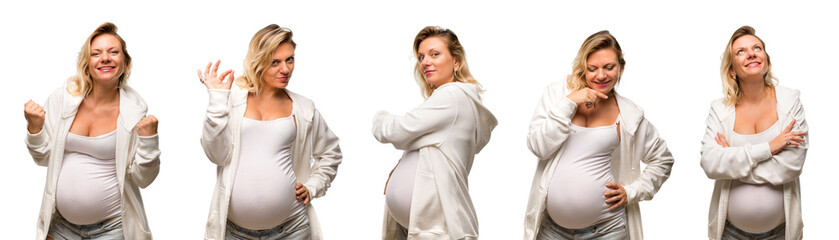 Set of Pregnant blonde woman with white sweatshirt looking up, down, and back, and doing victory gesture