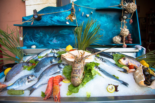 Still life of fresh fish in Rethymno in Crete (Greece). Seafood on ice: octobus, snails, crabs, shrimp, fish etc
