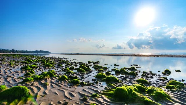 4K, Time lapse view of the sea and Seaweed and sunrise with dramatic cloudscape  in Chumphon Thailand