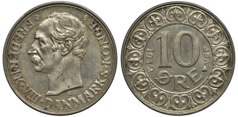 Denmark Danish silver coin 10 ten ore 1912, head of King Frederik VIII left, denomination and date within ornamented circle, 