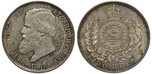 Brazil Brazilian silver coin 200 two hundred reis 1867, head of Emperor Pedro II left, date below, crowned shield with stylized globe within circle of stars flanked by tobacco leaves,