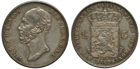 The Netherlands Dutch silver coin 1/2 half gulden 1848, head of King Willem II left, crowned shield with crowned lion holding sword and bunch of arrows divides denomination, 