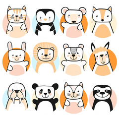 Set of cute animals. Cartoon characters. Vector.