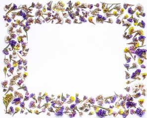 Flower frame or border of dried flowers on a white background. Background for postcard