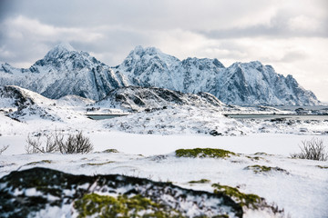 Fototapeta na wymiar Winter Trekking Near Horn in Lofoten Archipelago in the Arctic Circle in Norway