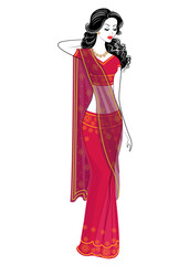 Silhouette is a sweet lady. The girl is dressed in a traditional sari, national Indian clothes. Young and beautiful woman. Vector illustration