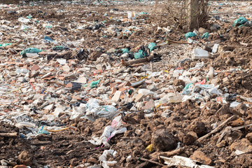 pile of garbage in construction site after destroy building