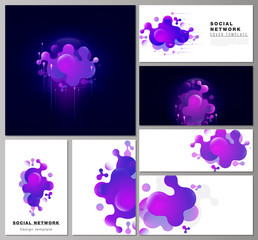 The minimalistic abstract vector illustration of the editable layouts of modern social network mockups in popular formats. Black background with fluid gradient, liquid blue colored geometric element.