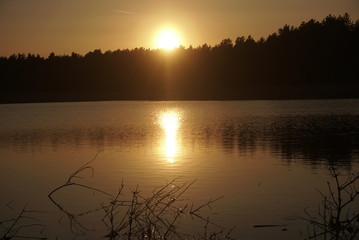 Naklejka premium sunset over the lake and the forest