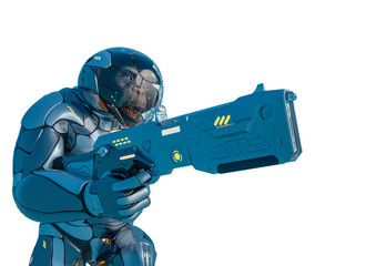 chimpanzee astronaut got a gun in a white background © DM7