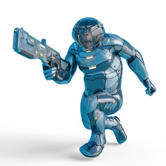 chimpanzee astronaut running with a laser gun in a white background
