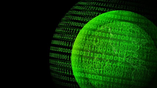 Digital planet Earth. Loopable 3D animation with rotating globe at Binary code background. Abstract global digital technology concept.