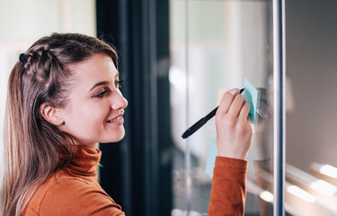 Pretty young woman smiling and writing sticky notes on a glass door