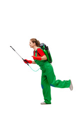 Female pest control contractor isolated on white 