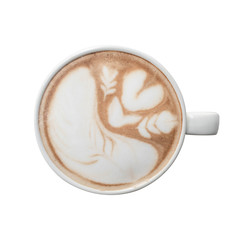 Top view. Hot coffee latte art on cup isolated white background. -