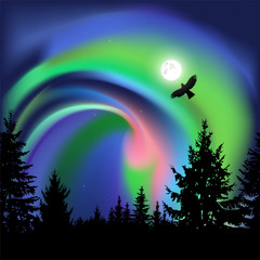 Fototapeta na wymiar Coniferous trees. Flying eagle. Green, pink and blue northern lights.
