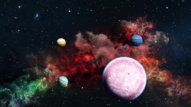 Space travelling loop video. 3d rendering. Planets over a glowing  red nebula. Eternal Galaxy.