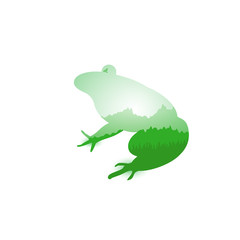 Silhouette of frog with mountains landscape. Silhouette of coniferous trees. Evening. Green and grey shades. Can be used as badge of french restaurant.