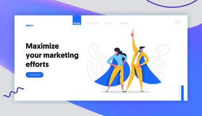 Super Hero Business People Characters Banner. Leadership Teamwork, Career Growth, Goal Achievement Concept with Businessman and Businesswoman Website, Landing Page. Flat Vector Cartoon Illustration