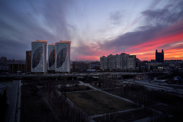 aerial shot of the Siberian capital Novosibirsk city at sunset
