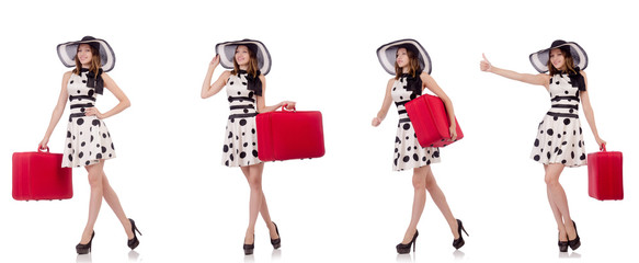Beautiful woman with red suitcase 