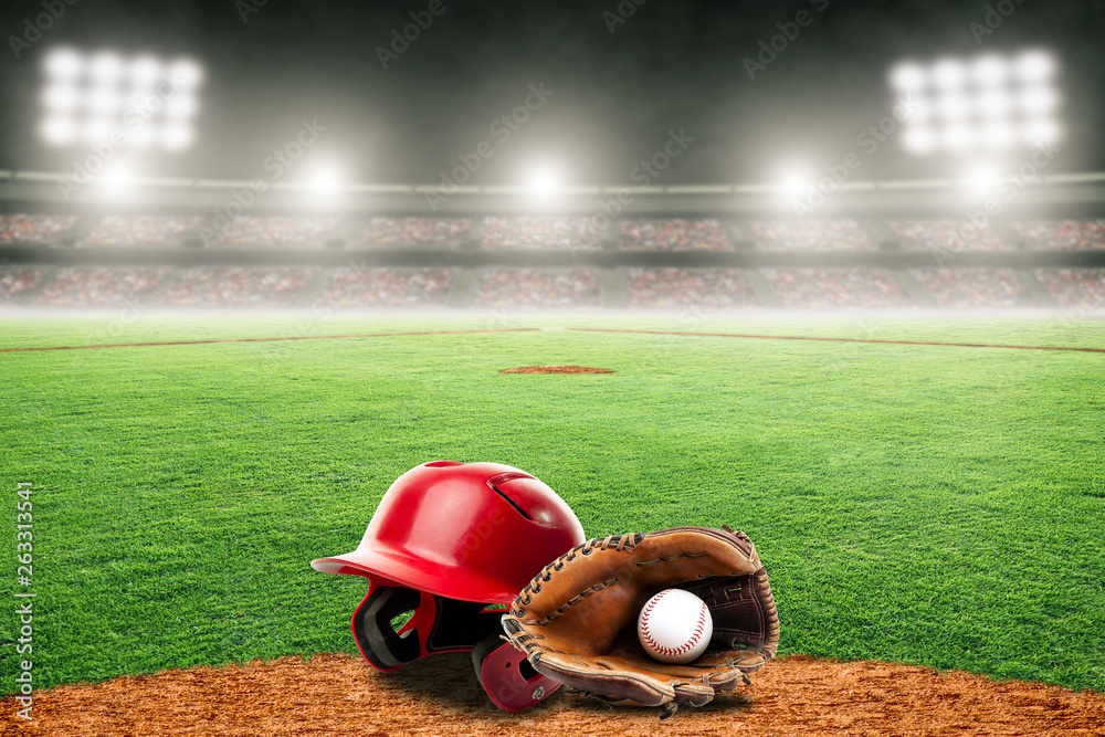 Wall mural Baseball Glove, Ball, and Helmet on Field in Outdoor Stadium With Copy Space