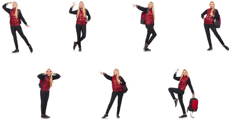 Young woman with backpack isolated on white 