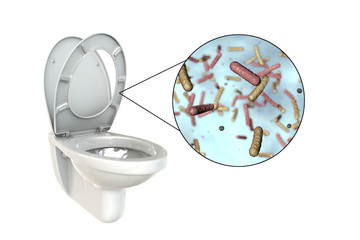 Microbes under the toilet seat, conceptual 3d illustration