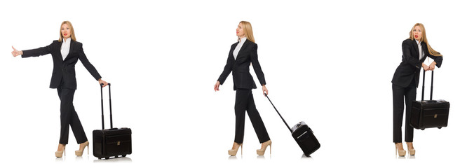 Businesswoman with suitcase isolated on white 