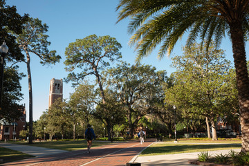 Students at the University of Florida walk through Plaza of the Americas with Century Tower in the background.